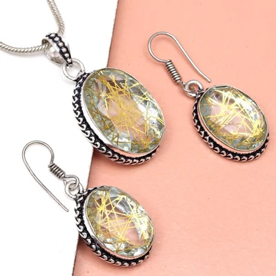 Conjunto de pendientes de oro rutilo joyería 18-20"" colgante cuarzo esterlina Foto 1 de 4