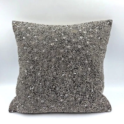 Ethan Allen Pillow Gray Silver Beaded Duck Fill Velvet Back 12" Luxury Glam - Image 1 of 4