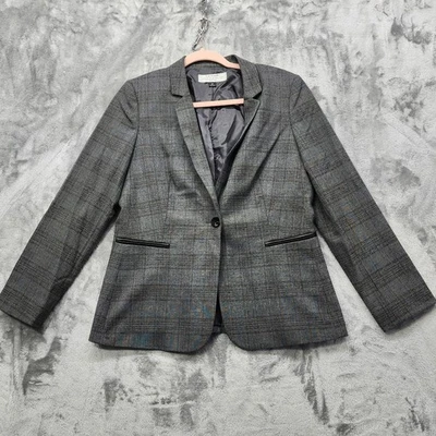 Tahari Arthur S. Levine Blazer Womens 6P PETITE Gray Plaid Black Faux Leather - Image 1 of 4