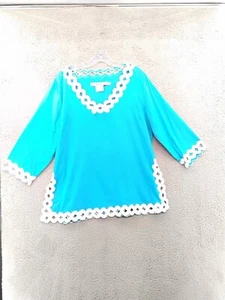 GRETCHEN SCOTT DESIGNS blau weiß Gitterbesatz Tunika Top Damen Große L 100 % Co - Bild 1 von 18