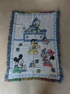 Vintage Disney Baby Mickey & Minnie Donald Pluto Tapestry Fringe Throw Blanket