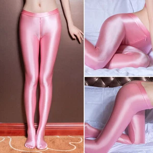 Women WetLook Satin Glitter Pantyhose Zipper Crotch Shiny Silky Tights Stockings - Picture 1 of 33