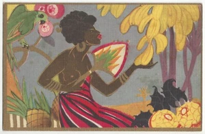 1920 Art Deco Oben Ohne Schwarzafrikaner von Chiostri - Papageienvogel, Bananen, Postkarte - Bild 1 von 2