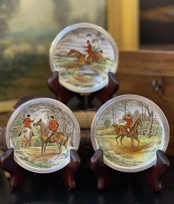 Fine Set 3 Rare English Sterling Silver Spode Equestrian Fox Hunt Tray Dish 3” - Image 1 of 4