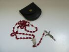 VINTAGE RED PLASTIC BEAD METAL CHAIN ROSARY BEADS CRUCIFIX CROSS ITALY IN POUCH