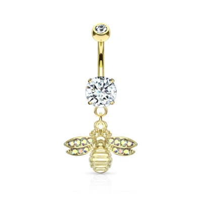 Lucky Bee Dangle Belly Ring Paved Crystal Gems Surgical Steel Pierced Navel Ring - Image 1 of 4