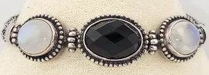 Chunky Sterling Silver Moonstone & Onyx Cabochon Chain Statement Bracelet 7.5" - Picture 1 of 8