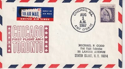 21 ) US airmail label cover . United Airlines 1967 Chicago Toronto Canada - Image 1 of 2