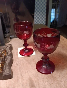 2 Antique Bohemian Wine Glasses Grapes Designs - Picture 1 of 5