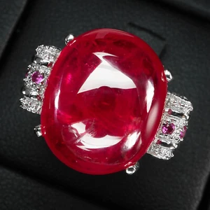 Luxurious Red Ruby Cabochon 21.30Ct 925 Sterling Silver Handmade Rings Size 6.5 - Picture 1 of 8