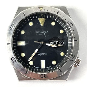 FAULTY BUCHERER 200m Diver Watch day date black steel silver mens gents - Picture 1 of 8