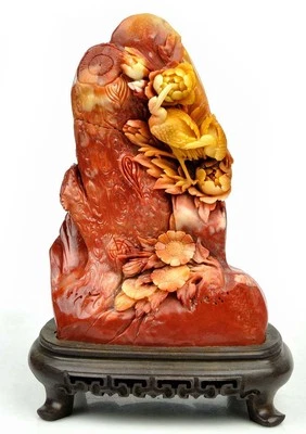 Natural ShouShan Stone Bird Flower Statue Sculpture /Agalmatolite Carving - image 1 of 4