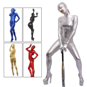 Women Shiny Hooded Leotard Bodysuit Wetlook Leather Catsuit Clubwear Cosplay - Picture 1 of 6