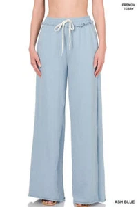 Zenana Size XL French Terry Raw Hem Drawstring Wide Leg Sweatpants in 2 Colors - Picture 1 of 14