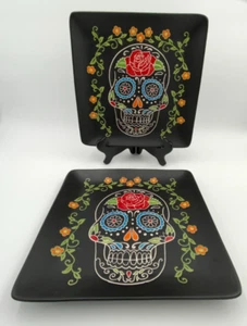 Juego de 2 Platos Cuadrados Eli & Ana Cerámica Negra Día de los Muertos 10 3/4" - Imagen 1 de 7