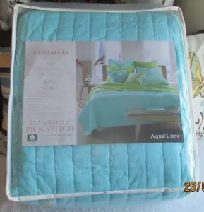 New Nostalgia Reversible Pick Stitch Quilt Aqua Lime King Size - Picture 1 of 6