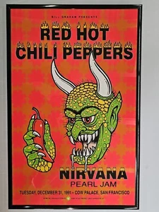 Red Hot Chili Peppers, Nirvana, Pearl Jam 1991 CA Concert Poster 11 X 17 Framed - Picture 1 of 2