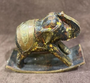 Gebrauchte Vintage handgeschnitzte Messing Kupfer Holz Schaukel Elefant Figur - Bild 1 von 5