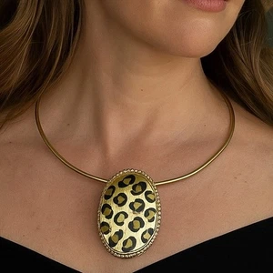 Vintage Leopardenmuster Emaille Anhänger Halskette goldfarben Halsband Choker Statement - Bild 1 von 9