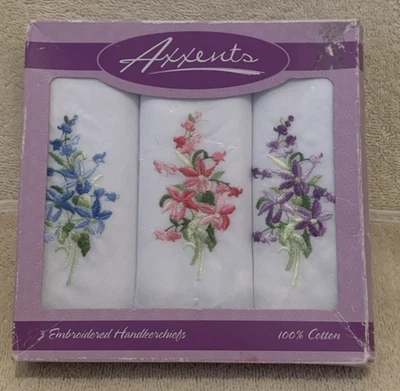 3 Pc Axxents BLUE PINK PURPLE FLORAL EMBROIDERED Cotton Handkerchiefs 11x11-NIB - Image 1 of 4