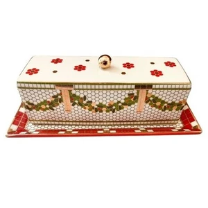 Anthropologie Home Festive Tile Butter Dish Green Red Gold See Description - Picture 1 of 10