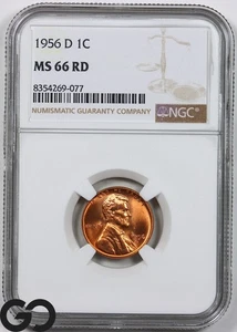 1956-D Lincoln Cent Wheat Red Penny, NGC MS-66 RD - Picture 1 of 2