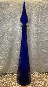 VTG Paneled Cobalt Blue Genie Bottle Decanter 25”T Tall W/ Stopper MCM - Picture 1 of 6