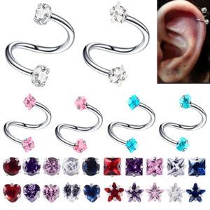 2pc Heart Star Zircon Spiral Bar Stud Internal Thread Steel Twist Tragus Earring - Picture 1 of 19