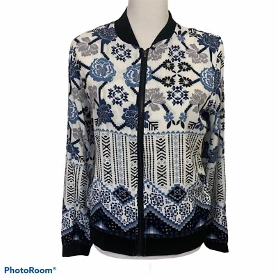 NEW Small Lightweight Zip Front Jacket Blue White Floral Layering Bomber - Image 1 of 4