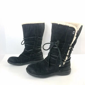 UGG Catalina Laced Black Nubuck Leather Sheepskin Boots Faux Fur Lined Size 6 - Picture 1 of 7