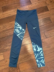 Nike Dri-Fit Leggings Girls L Large Green/White Logo Spell Out DD5037-347 - Picture 1 of 6