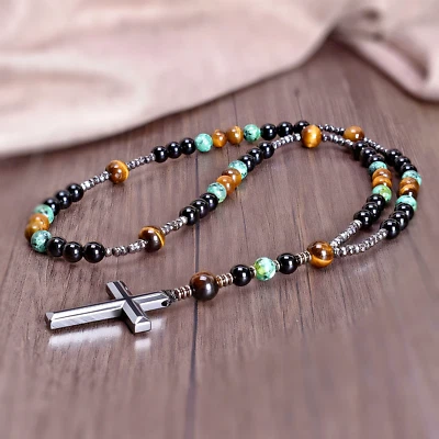 Tiger Eye+Hematite+African Turquoise Mala Prayer Necklace with Cross Pendant - Image 1 of 4
