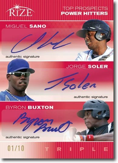 2012 Miguel SANO * Jorge SOLER * Byron BUXTON Rize VERMELHO Auto #/10 - Imagem 1 de 2