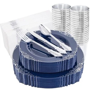 Hioasis 175pcs Blue Plastic Plates - Blue and Silver Plastic Plates Disposabl... - Picture 1 of 9