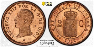 SPAIN 2 CENTIMOS 1912-PC V PCGS MS 65 RD RARE - Picture 1 of 3