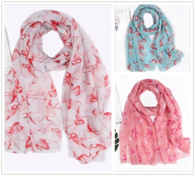 Women Ladies Long Flamingo Pattern Print Shawl Scarf Warp Stole