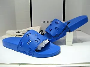 $450 NUOVI GUCCI sandali piatti uomo 9 US 9,5 logo blu gomma inseguimento G piscina scivoli - Foto 1 di 10