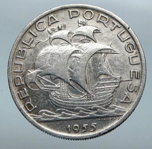 1955 PORTUGAL with PORTUGUESE SAILING SHIP Vintage Silver 10 Escudos Coin i85215 - Picture 1 of 3