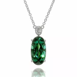 Blue-Green Tourmaline 3.24 carats in 14K White Gold Pendant /w 0.12 cts Diamond - Picture 1 of 3