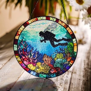 Scuba Diving Gift Stained Glass SunCatcher Scuba Diver Gifts Home Decoration - Picture 1 of 12