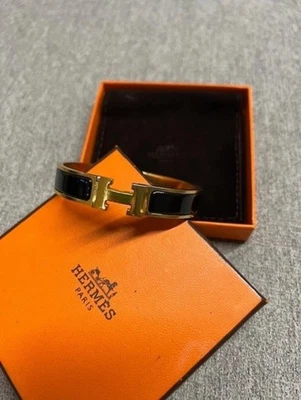 Hermes Clic H 标志 GM 手镯黑色珐琅带原装防尘袋和盒 — 第 1/3 张图片