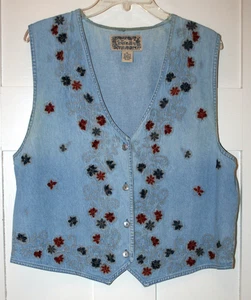 TonTrum Blues Gilet Donna Denim Ricamato Applique Fiori Blu Taglia XL - Foto 1 di 9