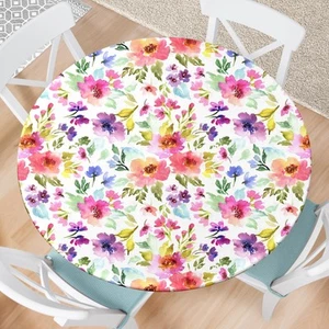 Spring Round Fitted Tablecloth with Elastic Edge Watercolor Flower Outdoor Ta... - Picture 1 of 8