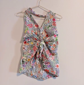 Zara Stripe Floral Print Halter Top Low Back Size Medium Women's Button Down - Picture 1 of 6