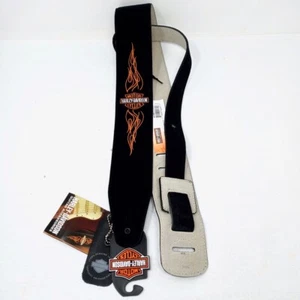 NUOVA tracolla chitarra Harley Davidson nera pelle scamosciata ricamata fiamme arancioni - Foto 1 di 12