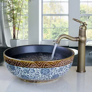 Bathroom Ceramics Round Vessel Sink Washing Deck Mount Basin Bowl Mixer Tap Set - Picture 1 of 8