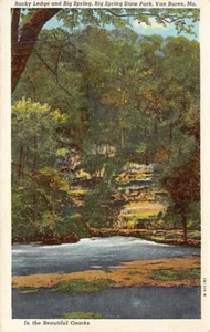 Postal MO: Rocky Ledge & Big Spring, Van Buren, Missouri, lino, años 40 - Imagen 1 de 2