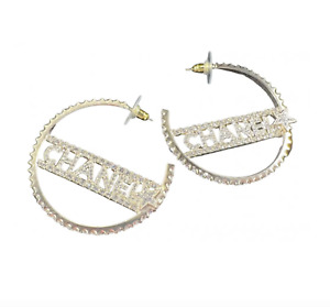 Chanel 22S Gold & Crystal CC Logo Star Hoop Earrings