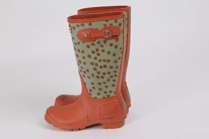 HUNTER Orange Rubber Floral Rain Boots Size EU 37 US 5 - Picture 1 of 12