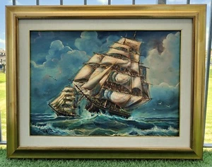 QUADRO DIPINTO OLIO TELA Luciano Lutring 1993 PAESAGGIO MARINA Velieri sul Mare - Foto 1 di 22